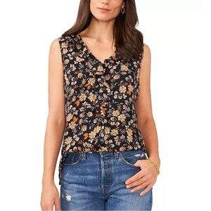NEW Vince Camuto Size Small Ciao Bella Black Floral Ruffle Sleeveless Work Top